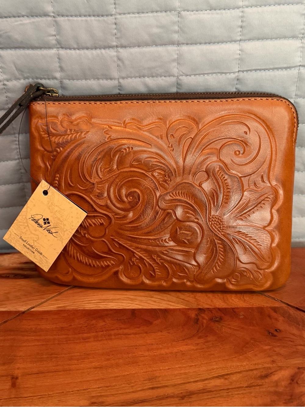NWT Patricia Nash Hand-Tooled Leather Clutch in Tan